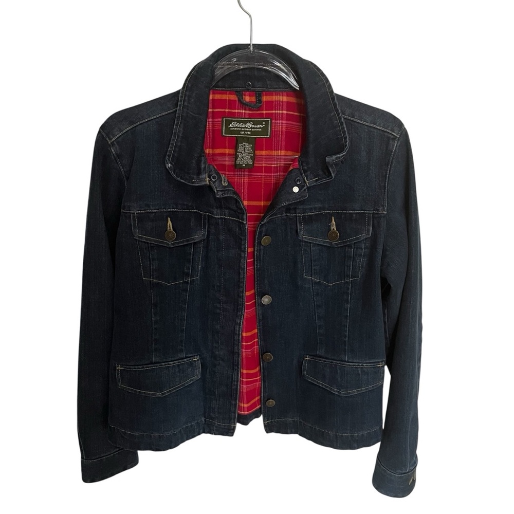 Eddie Bauer Dark Blue Jean Jacket with Red Plaid Lining size medium